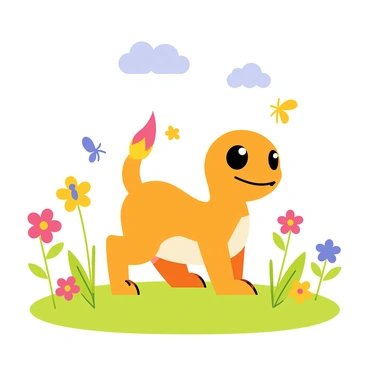 A cute "Charmander" with an orange body and a flame on its tail is playing in a "meadow" filled with a variety of "colorful wildflowers." The wildflowers include shades of "red," "purple," "yellow," and "blue," creating a vibrant scene. "Butterflies" flutter around, adding movement to the image. The "green grass" under Charmander's feet contrasts with the bright colors of the flowers. "Soft clouds" float in a blue sky above, completing the cheerful atmosphere of the meadow.