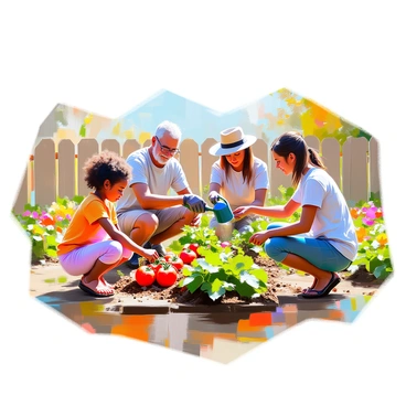 A community garden enclosed by a low wooden fence, showcasing a vibrant array of vegetables and flowers. In the foreground, several individuals of varying ages and backgrounds are actively gardening together. A young girl with curly hair is kneeling and planting seeds, while an elderly man with glasses is pruning a tomato plant nearby. A middle-aged woman with a sun hat is watering the leafy greens, and a teenager with dark hair is harvesting ripe peppers. The garden is filled with colorful blooms and lush greenery, creating a lively and collaborative atmosphere.
