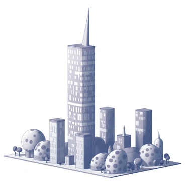 A tall skyscraper designed to resemble a giraffe, with a long neck extending upward and a patterned exterior that mimics the texture of a giraffe's skin. The structure is positioned prominently in a cityscape filled with whimsical buildings, featuring rounded roofs and irregular shapes. Surrounding the skyscraper are smaller buildings with playful designs, including oversized windows and vibrant architectural details. The scene is bustling with activity, with people walking on the sidewalks and trees lining the streets, enhancing the lively atmosphere of the whimsical city.