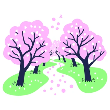 A path meanders through a row of cherry blossom trees that are in full bloom. The trees are adorned with numerous pink flowers, their branches arching gracefully over the path. Petals are gently falling from the trees, creating a soft carpet of pink on the ground. The path itself is framed by lush greenery, with vibrant grass on either side. The scene invites a sense of tranquility as sunlight filters through the branches, casting dappled light along the path.