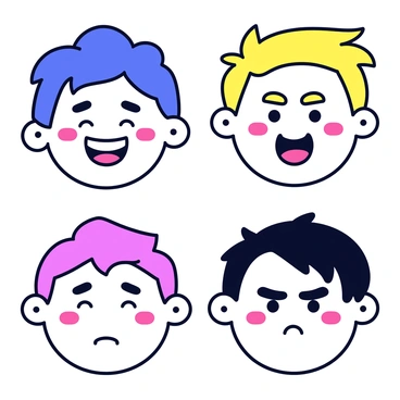 A series of cartoon faces, each displaying a distinct emotion. The first face shows "joy" with a wide smile and sparkling eyes. The second face exhibits "surprise" with raised eyebrows and an open mouth. The third face conveys "sadness" with drooping eyes and a frown. The fourth face demonstrates "anger" with furrowed brows and a clenched jaw. Each face is colorful and features exaggerated expressions to clearly represent the emotions. The backgrounds of each face are simple and do not distract from the expressions.