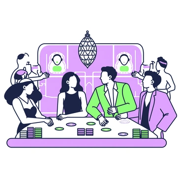 A group of celebrities is gathered around an elegantly arranged poker table, showcasing their best poker faces. Each celebrity has distinct features; one has long, flowing hair and wears a fitted black dress, while another sports a stylish tuxedo and a confident smirk. The table is adorned with high-stakes poker chips in stacks, and playing cards are spread out in front of them. In the background, luxurious decor features plush velvet seating and dim lighting creating an upscale atmosphere. A crystal chandelier hangs above, casting a soft glow on the scene, while a few spectators can be seen peeking at the players, adding to the excitement of the game.