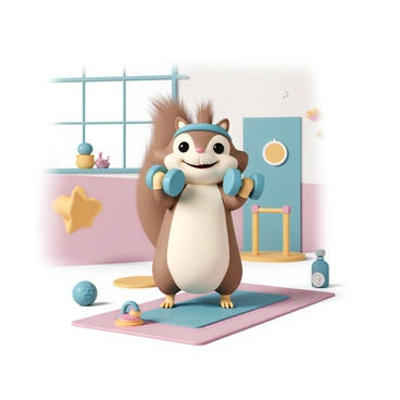 A cartoon animal, resembling a joyful and determined squirrel, is holding two miniature dumbbells in its tiny paws. The squirrel has bright, expressive eyes and a fluffy tail raised high. It is standing on its hind legs, with a focused expression, as it performs concentration curls. The animal's fur is a mix of light brown and cream, with a small blue headband around its forehead. A colorful exercise mat is beneath its feet, and various small fitness accessories, such as a water bottle and a timer, are scattered around. The background features a cheerful gym setting with pastel-colored walls and a large window letting in sunlight.