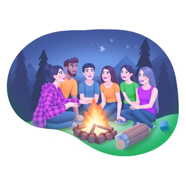 A scene depicting a group of friends gathered around a campfire in a forest clearing. The fire is crackling, illuminating the faces of the friends with a warm glow. One friend sits apart from the others, looking apprehensive with wide eyes and slightly furrowed brows. They are dressed in a flannel shirt and jeans. The other friends, in a mix of casual outdoor clothing, are leaning in eagerly, some with smiles, others with expressions of intrigue. The surrounding trees are dark and shadowy, adding to the atmosphere, while a starry night sky can be seen above. Wood logs and small rocks are arranged around the campfire, completing the scene.