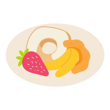 A round white breakfast plate featuring a toasted bagel cut in half, slathered with smooth cream cheese. Next to the bagel, there are vibrant slices of assorted fruits, including red strawberries, yellow bananas, and orange cantaloupe. The fruits are arranged in a colorful pattern, adding a fresh and healthy touch to the plate.