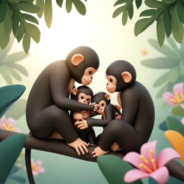 A family of monkeys, including two adult monkeys and three baby monkeys, are cuddling together on a sunlit branch in the jungle. The adult monkeys have dark brown fur, while the babies have lighter shades of brown. They are nestled closely, with one adult gently grooming a baby monkey. Sunlight filters through the lush green leaves above, casting dappled light on their fur. In the background, vibrant tropical foliage and colorful flowers add to the richness of the jungle setting.