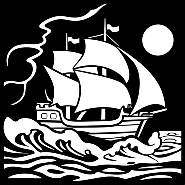 A large pirate ship with billowing sails navigating turbulent waves. The ship has detailed rigging and a skull and crossbones flag flying atop the mast. The background features dark, swirling clouds illuminated by a full moon casting shadows over the scene. Waves crash against the ship's hull, creating splashes of water. Lightning strikes in the distance, adding a sense of drama to the stormy seas.