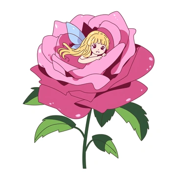 A small fairy with iridescent wings is nestled inside a large blooming rose. The petals of the rose are a vibrant shade, creating a rich contrast to the delicate fairy. The fairy's hair is long and flowing, subtly catching the light as she peeks out playfully from the center of the flower. Surrounding the rose are several green leaves, enhancing the natural setting. The overall composition captures a whimsical moment in nature.