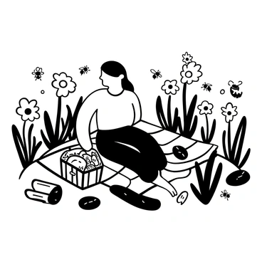 A person named "Davies" sitting on a picnic blanket, with an open picnic basket beside them filled with various foods. Surrounding Davies are numerous wildflowers of different shapes and sizes, creating a lush field. Several bees are buzzing around the wildflowers, actively collecting nectar. The scene captures a peaceful moment in nature with picnic items scattered around.