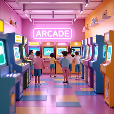 A vibrant arcade room filled with classic game machines. The walls are adorned with bright neon lights in various colors, illuminating the space. Rows of retro arcade cabinets are positioned throughout the room, each featuring different game screens displaying colorful graphics. A group of excited children stands in front of a machine, eagerly playing and laughing. The floor is covered with multicolored tiles, and a large neon sign hangs from the ceiling that reads "ARCADE" in bold letters. Some plush toys are displayed on shelves, adding to the playful atmosphere.