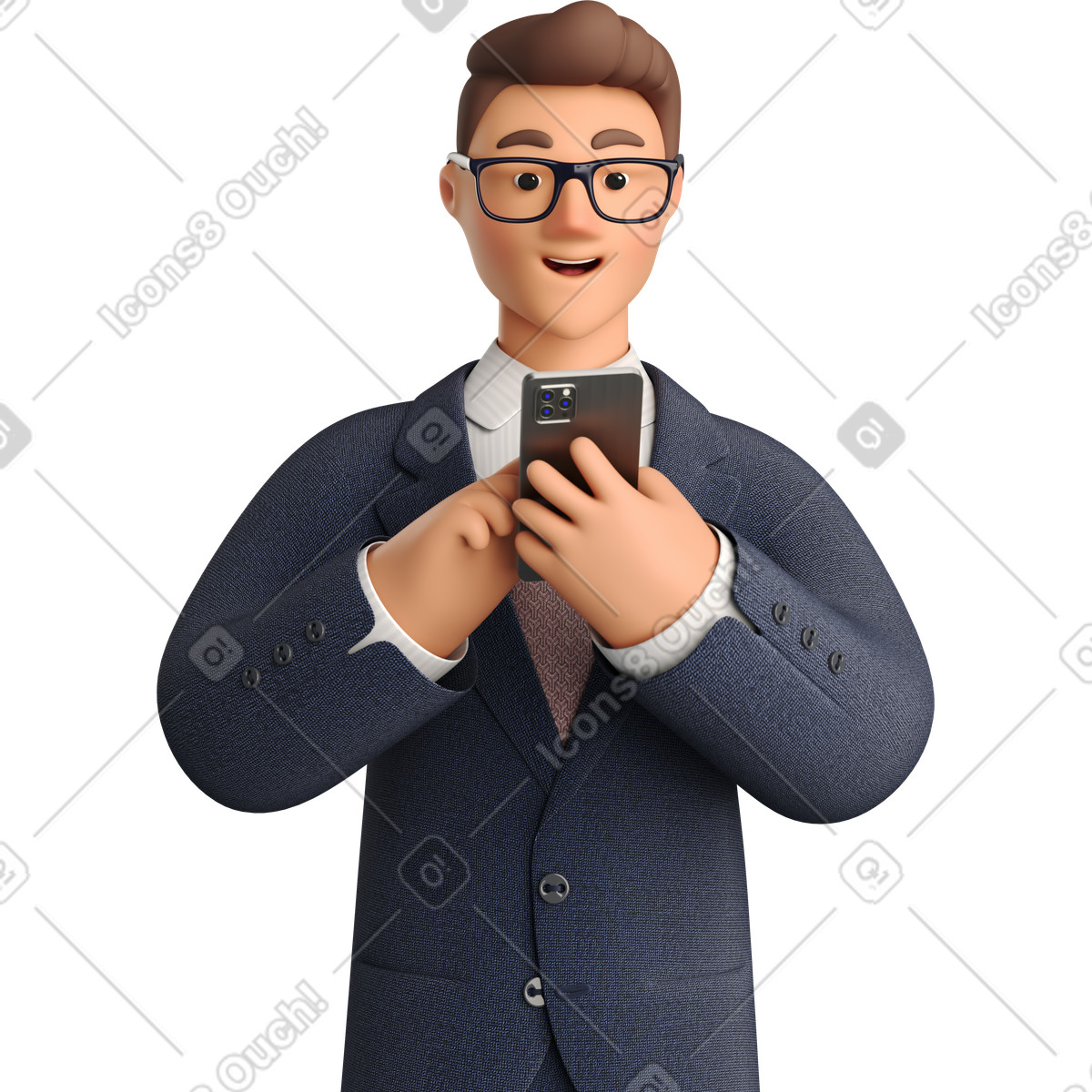 Illustration Businessman in dark blue suit looking at phone dans le style 3D Business à télécharger aux formats PNG, SVG