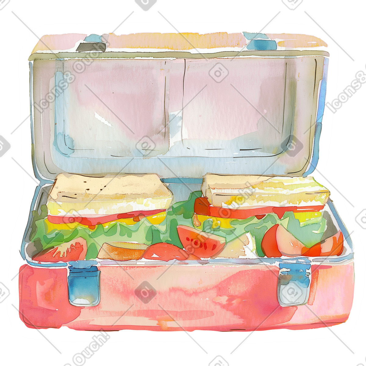 Watercolor スタイルの 昼食用のスナックが入った箱を開ける のイラストをPNG、SVG形式でダウンロード