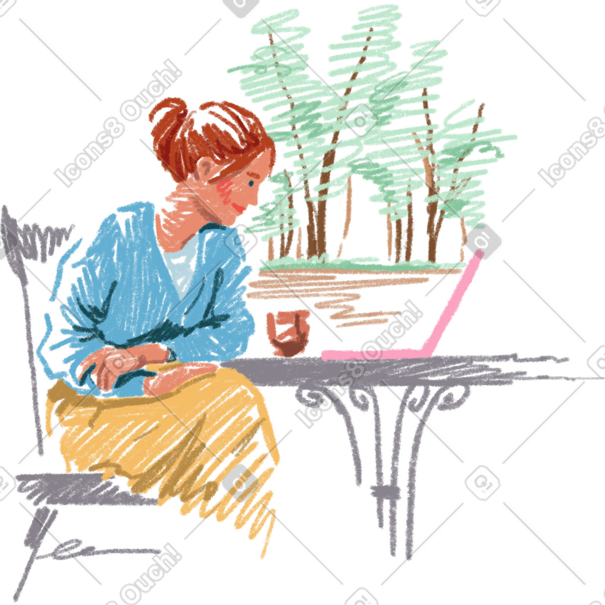 Ilustração de Female freelancer works in a street cafe em no estilo Sketchbook para baixar em PNG, SVG