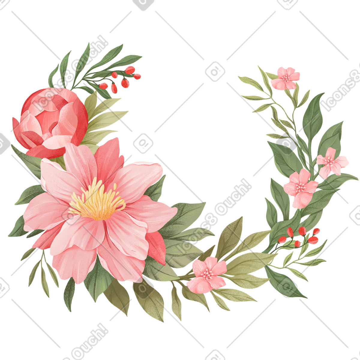 Floral 스타일의 Different pink flowers with green leaves arranged in a circle 일러스트레이션 PNG, SVG 다운로드