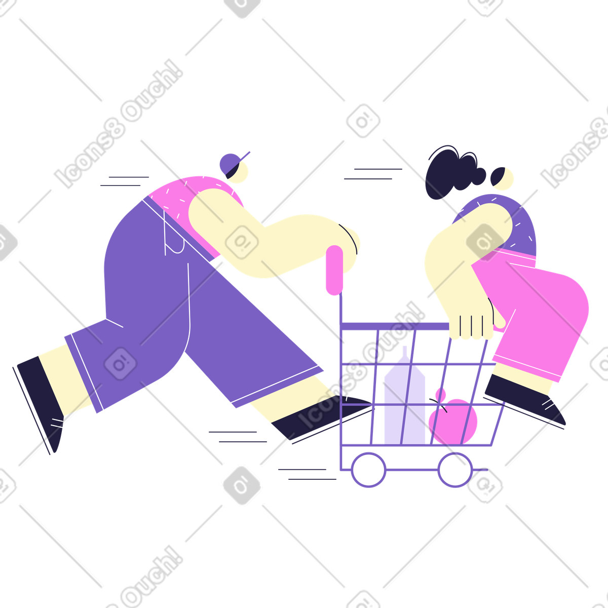 Persone che spingono il carrello della spesa in giro per negozio illustrazione stile Mellow scarica PNG, SVG