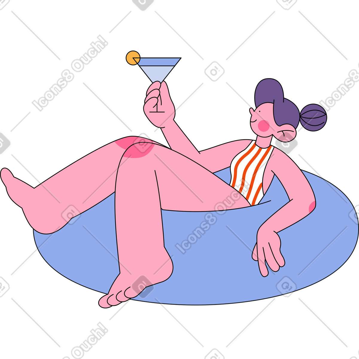 Girl in striped swimsuit laying rubber ring illustration Bloom style download PNG, SVG