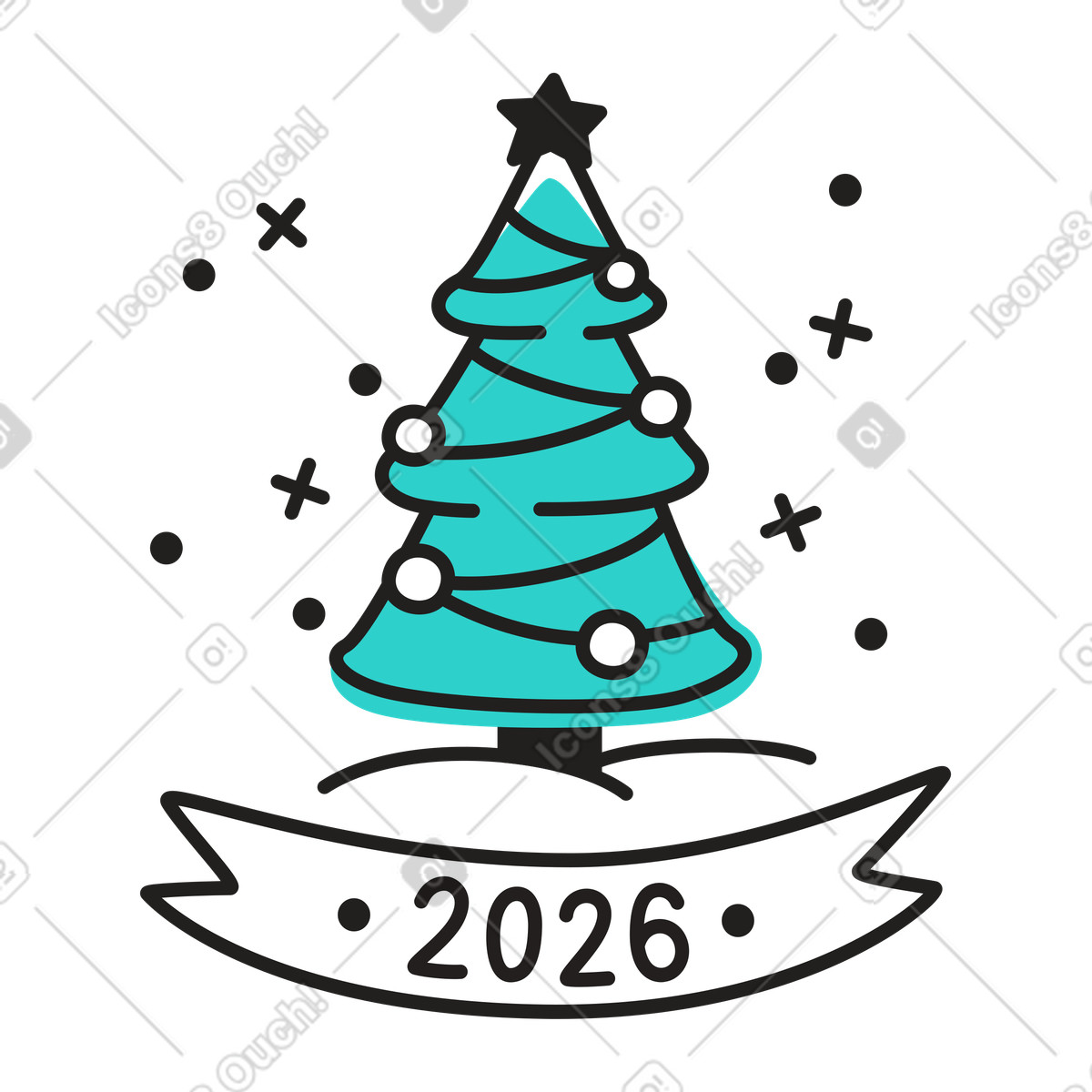 Year 2026 number with Christmas tree illustration in Little style download in PNG, SVG