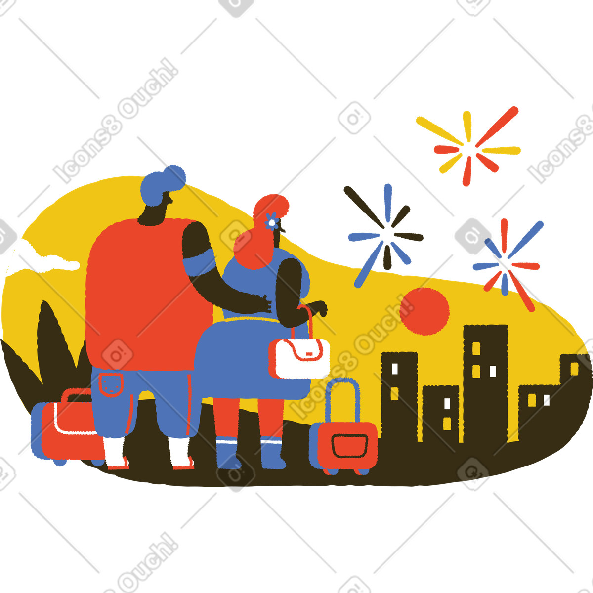 Ilustração de Duas pessoas próximas uma da outra assistindo fogos artifício em no estilo Bermuda para baixar em PNG, SVG
