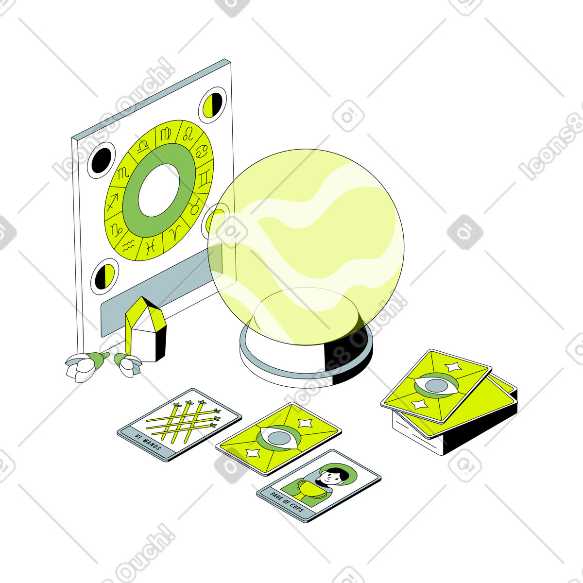 Astrology with Tarot cards and crystal ball illustration in Isometric style download in PNG, SVG