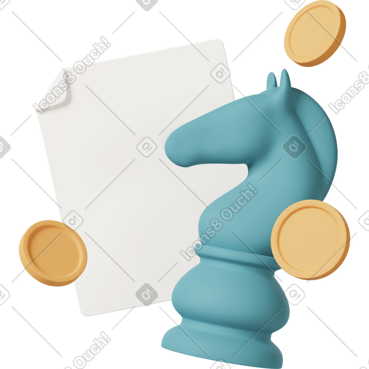 下载 3D Casual life 风格的 Chess knight with paper and coins, business strategy planning, decision making goal setting 插画，支持 PNG、SVG 格式