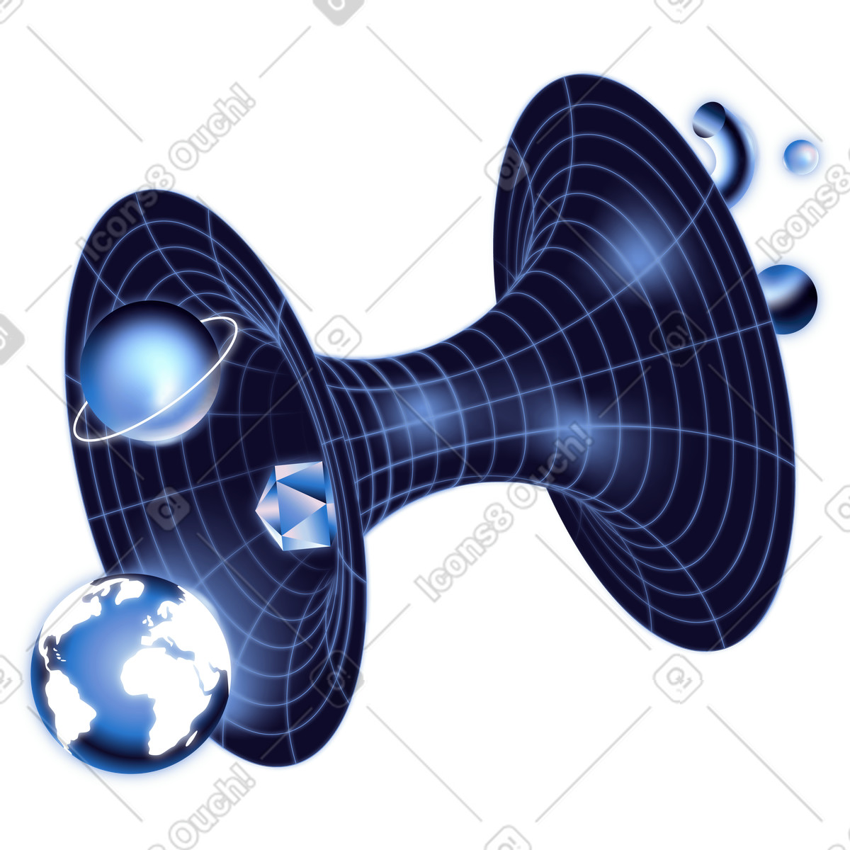 Digital wormhole with floating planets, data transfer and transformation gateway illustration in Dimension style download in PNG, SVG