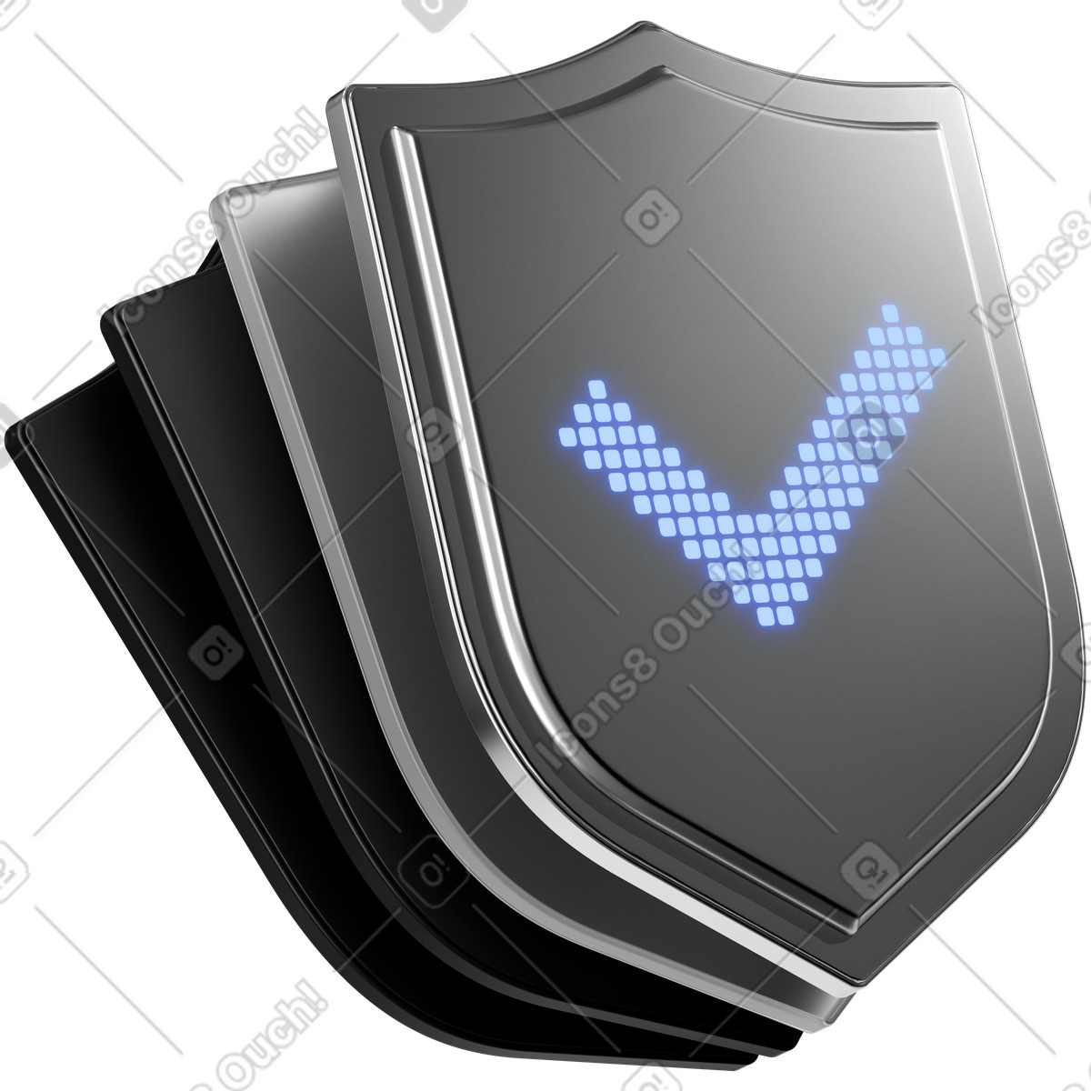 Illustration Cybersecurity shield symbol with led checkmark confirming data safety dans le style 3D Metallic à télécharger aux formats PNG, SVG