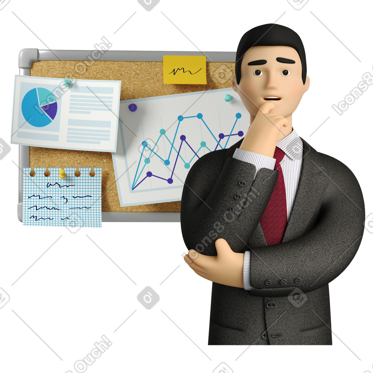 Illustration Homme debout près du tableau avec business analytics dans le style 3D à télécharger aux formats PNG, SVG