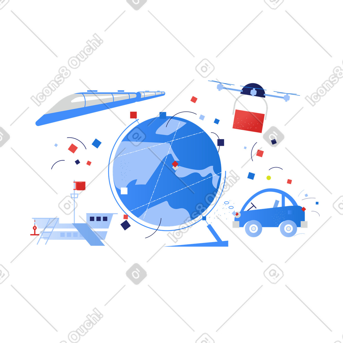 Ilustração de Transporte marítimo mundial representado por globo, drone, carro, navio e trem em no estilo Clip para baixar em PNG, SVG