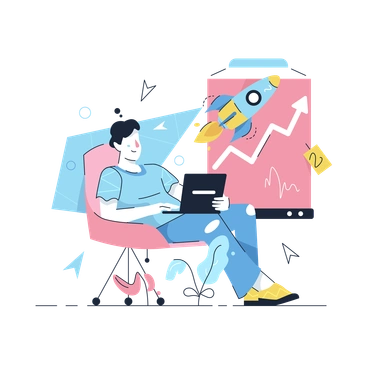 A man sitting with a laptop and charts - Work Hard style illustration