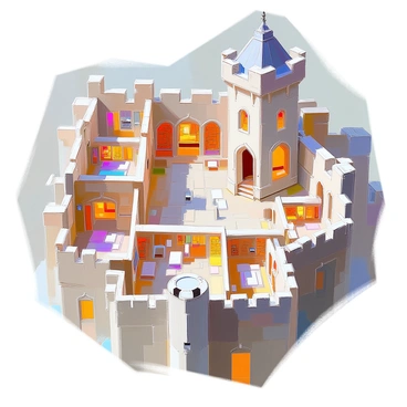 An intricate floor plan of a historic castle featuring an elaborate layout of rooms and corridors. The castle includes various sections such as a grand hall, libraries, and dining areas, all marked with precise details. Secret passageways are cleverly illustrated, connecting different parts of the castle, hidden behind bookshelves or through hidden doors. The plan is adorned with architectural features like turrets, arched windows, and thick stone walls, showcasing the complexity and history of the structure. Each room is labeled, providing a clear understanding of the castle's layout and design.