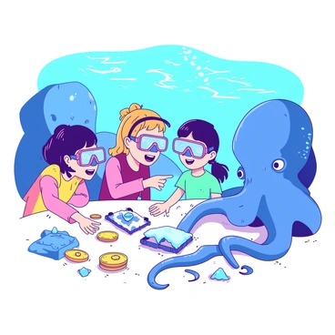 A group of children, each wearing colorful snorkeling gear, are excitedly exploring the ocean floor. They are surrounded by various treasures like shiny gold coins, sparkling gems, and ancient artifacts partially buried in the sand. A blue octopus with curious eyes is gracefully hovering nearby, reaching out with its tentacles to investigate a glimmering sapphire. The children, with expressions of wonder, are pointing and laughing as they observe the octopus interacting with the treasures. Sunlight filters down through the water, creating shimmering patterns on the sand.