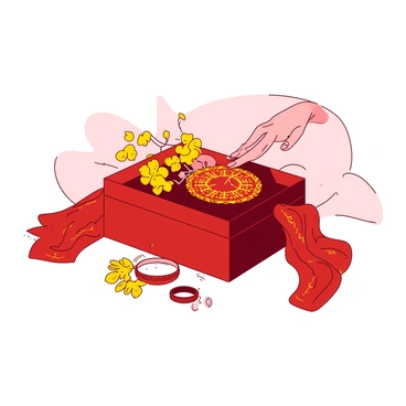 A red ornate box is placed in the center of the image, intricately decorated with gold patterns. Surrounding the box, there are yellow flowers and delicate fabric draped elegantly, symbolizing the beauty and tradition associated with dowry. Next to the box, there are two hands, one reaching towards the box and the other holding a traditional wedding ring, representing the union and the significance of dowry in cultural rituals. The background features soft, blurred shapes that suggest a festive atmosphere, enhancing the thematic elements of celebration and tradition.