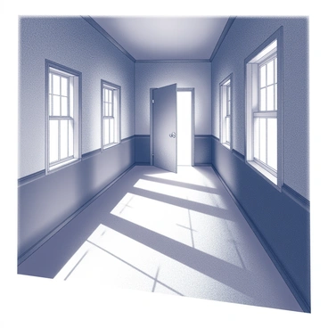 A deserted hallway with long shadows stretching across the floor. The walls are lined with faded wallpaper, peeling at the edges. Dim light filters through small windows, casting soft shapes on the ground. At the far end of the hallway, an open door slightly sways as if disturbed by a gentle breeze. The air feels thick, and a sense of anticipation hangs, as if secrets are waiting to be revealed.