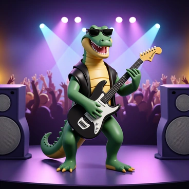 A crocodile, with vibrant green scales and a wide grin, stands center stage playing an electric guitar. The guitar is a glossy black with bright silver accents, reflecting the stage lights. The crocodile is wearing sunglasses and a leather jacket, adding to its rockstar persona. In the background, a roaring crowd can be seen, with fans waving their hands and cheering. Colorful stage lights illuminate the scene, creating a lively atmosphere with hints of purple and blue. The intricately designed speakers and amplifiers are visible on either side of the stage, emphasizing the rock concert vibe.