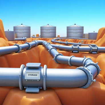 A detailed pipeline system featuring multiple pipes designed for transporting captured carbon. The pipes are connected through various junctions and valves. The environment includes a series of storage sites, represented as large, cylindrical tanks in the background. The scene is expansive, showcasing the network of pipelines snaking across a rugged landscape with a clear blue sky above. Each section of the pipeline is made of metallic material with a shiny finish, reflecting sunlight. The tanks are labeled with clear "Storage" signs.