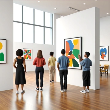 Visitors of diverse backgrounds are engaged in viewing various colorful illustrations displayed on sleek white walls of a modern art gallery. One visitor, a woman with curly hair wearing a stylish black dress, stands closely to a vibrant abstract piece, her hand lightly touching the frame. Nearby, a man in a casual blue shirt is gesturing excitedly to a friend, pointing at a large canvas with bold, geometric shapes. The gallery features polished wooden floors, tall windows allowing natural light to pour in, and minimalistic furniture scattered throughout, enhancing the contemporary ambiance.