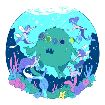 A teal beholder with numerous colorful eyes is hovering in a vibrant, sparkling underwater kingdom. Surrounding the beholder are several graceful mermaids with flowing tails, each displaying different colors, gliding through the water. The mermaids are playfully interacting with the beholder, some reaching out with their hands while others swirl around it in a dance. The background is filled with coral reefs adorned with an array of sea plants and shimmering fish, reflecting the light filtering down from above. Bubbles rise gently from the bottom, adding to the magical atmosphere of the underwater scene.