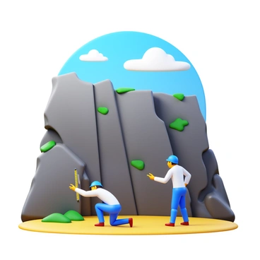 Geologists examining a "reverse fault" in a rocky terrain. They are using "measuring tools" such as a clinometer and tape measures. The scene includes "rock formations" displaying clear signs of geological stress and displacement. One geologist is "kneeling" and carefully taking measurements, while another stands "observing" the cliff face. The sky is bright with a few "fluffy clouds," and the surrounding area features patches of "green vegetation."