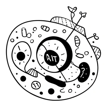 An illustration showing a cellular environment with a large cell at the center. The cell is depicted with a prominent nucleus, and within it, strands of DNA are visible, unzipping to reveal messenger RNA (mRNA) being transcribed. Ribosomes are illustrated outside the nucleus, with some attached to the rough endoplasmic reticulum. The mRNA is shown traveling from the nucleus to the ribosomes. Amino acids are depicted in the surrounding cytoplasm, ready to be chain-linked as the ribosomes translate the mRNA. A few tRNA molecules are illustrated carrying specific amino acids to the ribosomes. The entire scene is presented in a clean black-and-white design.