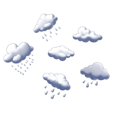 A collection of animated icons displayed on a simple background. Among them, one icon features a depiction of an occluded front. This icon includes various cloud formations that are layered to represent depth and movement. Below the clouds, there are stylized raindrops falling to suggest precipitation. The overall appearance of the icon conveys the weather phenomenon clearly and dynamically.