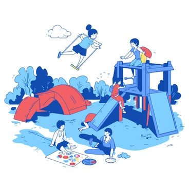 A blue playground filled with various colorful equipment is bustling with activity. Children of diverse backgrounds are engaged in different forms of play. One child swings high on a yellow swing, laughing joyfully as they soar through the air. Nearby, a group of children is climbing on a bright red jungle gym, helping each other reach the top. On the ground, two children are drawing with chalk on a white sidewalk, creating colorful designs and illustrations. The scene captures the essence of creativity and joy, highlighting the importance of imagination in play.
