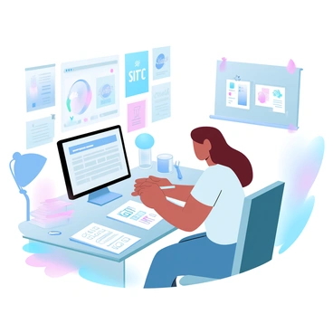 A designer is working at a cluttered studio desk filled with various materials. There are stacks of colorful paper, markers, and printed samples scattered across the surface. The designer is focused on drawing and arranging elements for a flyer, with a computer displaying a design software in the background. Various posters are pinned to a corkboard on the wall, showcasing vibrant graphics and typography. A lamp on the desk provides warm lighting, illuminating the workspace. Scissors and a glue stick are nearby, along with a coffee mug and a sketchpad filled with ideas.