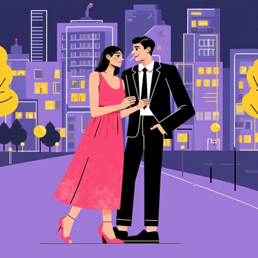 A couple dressed elegantly for a night out stands together in the foreground. The man is wearing a tailored black suit with a crisp white shirt and a sleek black tie. The woman is in a flowing red dress that shimmer with subtle sparkles, complementing her stylish heels. Their hair is neatly styled, and they are smiling at each other. Behind them, a vibrant cityscape glows with bright lights, including colorful neon signs and tall buildings, creating a lively atmosphere. A few scattered trees and streetlights add to the urban setting, enhancing the romantic scene.