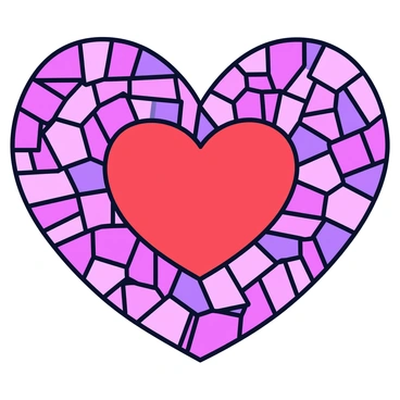 A vibrant mosaic made up of numerous small tiles. The tiles are in various shades of red, pink, and purple. Together, they create a prominent heart pattern at the center. The mosaic is framed by a simple, thin black border, emphasizing the heart design. The background is a plain white surface, enhancing the colors of the tiles.