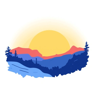 A duotone illustration features a vibrant golden sky transitioning into deep blue as the sun sets on the horizon. The sun is partially hidden, casting a gentle light across the landscape. Silhouetted against the sky are the outlines of distant mountains and a few scattered trees. The scene captures the gradual change of colors in the sky, with soft gradients blending from the bright gold to the calming blue of twilight.