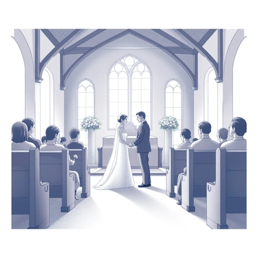 A vintage wedding ceremony taking place inside an old chapel. The interior features arched wooden beams and intricately carved wooden pews lined up neatly. At the front, a beautifully decorated altar with floral arrangements on either side frames the couple. The bride is wearing a classic wedding gown with lace details, while the groom is in a formal suit. Guests are seated in the pews, some holding small bouquets. Soft light filters through the stained glass windows, casting delicate patterns on the floor. "Wedding Ceremony" is elegantly written in a decorative font above the altar.