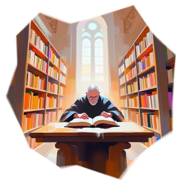 A large, grand library filled with tall, wooden shelves lined with leather-bound books of various sizes and colors. The shelves stretch towards a high, ornate ceiling adorned with intricate carvings. A single, large table made of dark wood sits in the center of the room, where an elderly scholar with spectacles, dressed in a long, dark robe, is engrossed in a large, ancient tome. The scholar’s hands gently cradle the book as they lean forward, deeply focused. Soft, warm light filters in through tall windows, illuminating dust motes in the air and creating a serene atmosphere in the library.