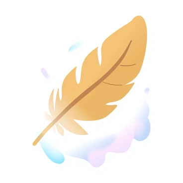 A single golden feather is drifting softly through the air, its delicate edges catching the light. The feather has a smooth, glossy texture, shimmering with hints of warmth. Below, a gradient of pastel colors fills the background, creating a serene atmosphere as the feather descends gracefully against the colorful backdrop. The scene captures the beauty and tranquility of the feather's fall.