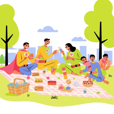 A family of superheroes is having a picnic in their backyard. The scene includes four superheroes, each wearing distinct, colorful costumes with capes fluttering in the breeze. There is a large checkered blanket spread out on the grass, covered with a variety of picnic foods such as sandwiches, fruits, and drinks. A picnic basket sits open, revealing more snacks. In the background, there are tall trees providing shade and a blue sky with a few fluffy clouds. The superheroes are laughing and interacting, with one superhero holding a sandwich, another pouring juice, and the children playing nearby with a frisbee.