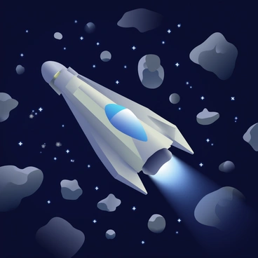 A sleek, silver spaceship is flying through a dense asteroid field in deep space. The spaceship has streamlined edges and a glowing blue engine at the rear. Surrounding the ship are various sizes of gray asteroids drifting in chaotic patterns, some with rough surfaces and sharp angles. The background is filled with a dark starry sky, where distant stars twinkle softly. The spaceship's cockpit lights are illuminated, casting a faint glow against the darkness of space.